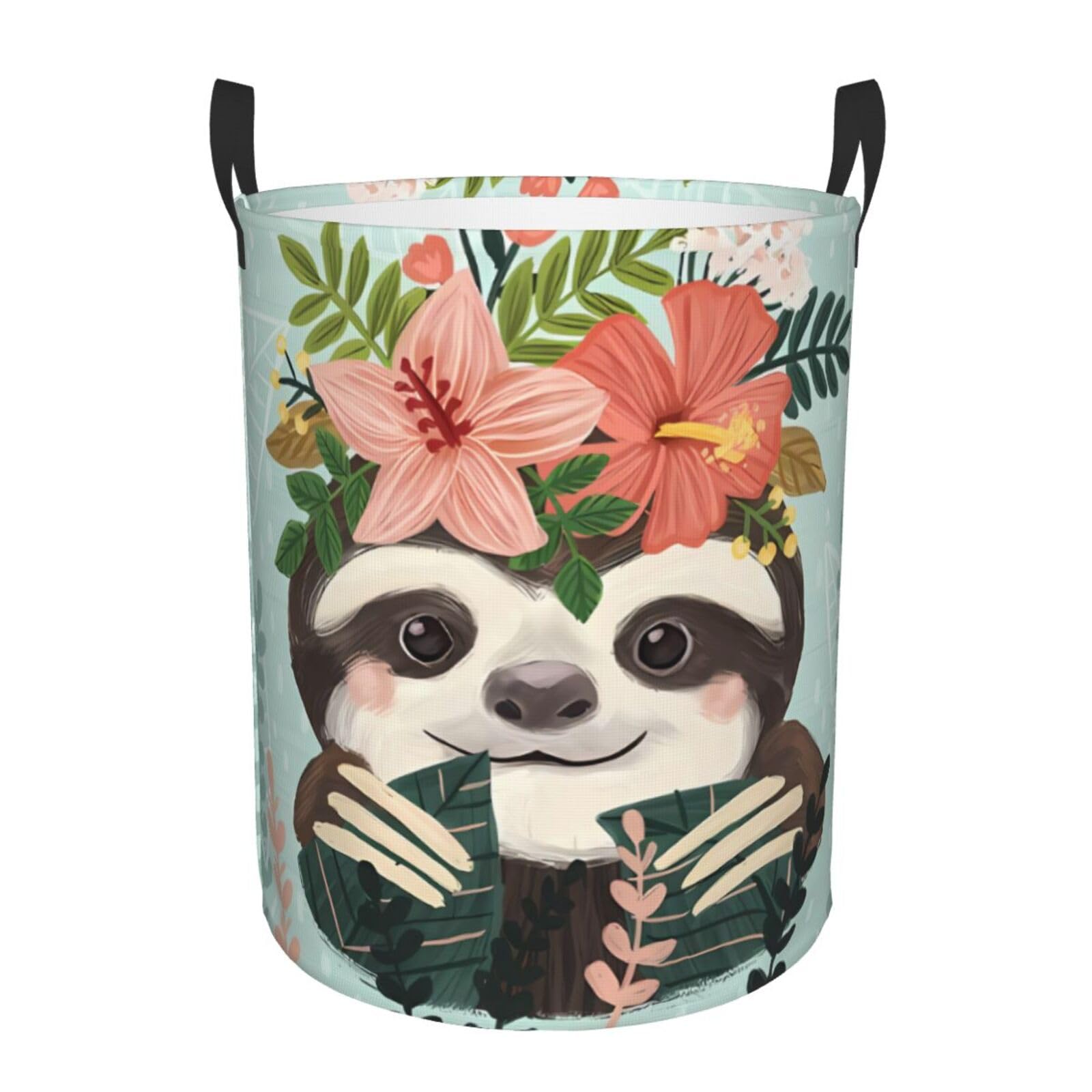 M Circular Hamper – Collapsible Animal Sloth Mint Green Print Laundry Basket