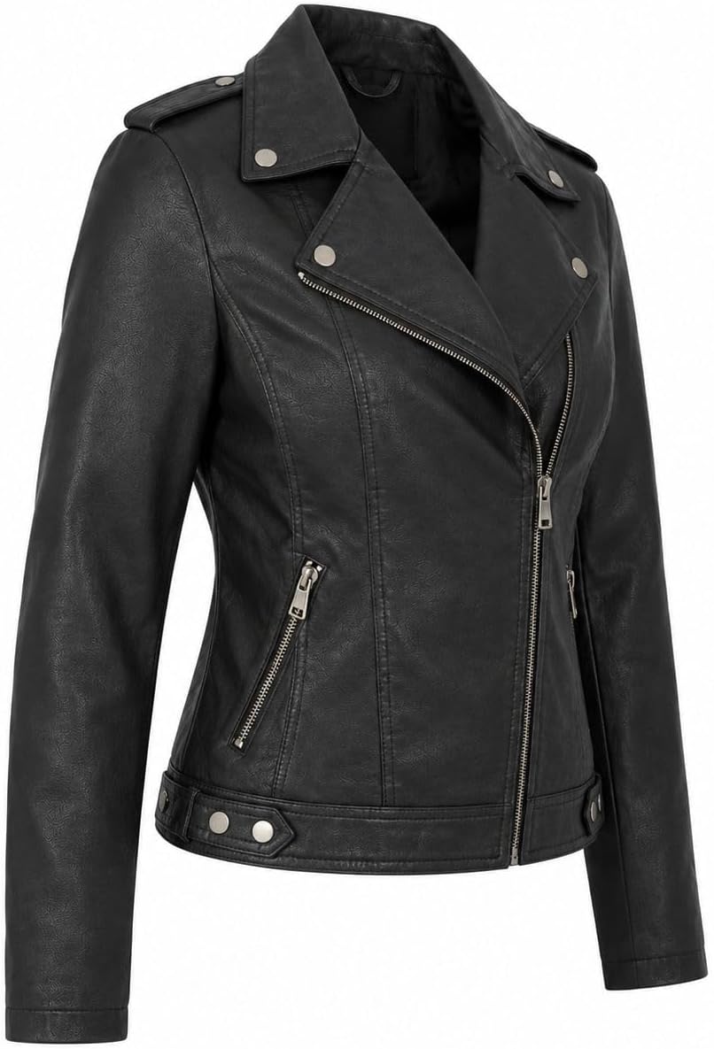 Women's Faux Leather Moto Jacket, Zip Pockets image 4