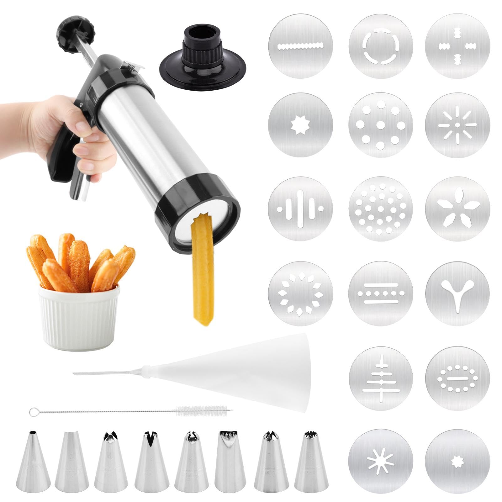 Professional Churro Maker Machine with 16 Discs & 8 Nozzles, Cookie Press Gu-n Kit, Multi-Function Cookie & Dough Press for DIY Dessert Making Decorating Baking Supplies