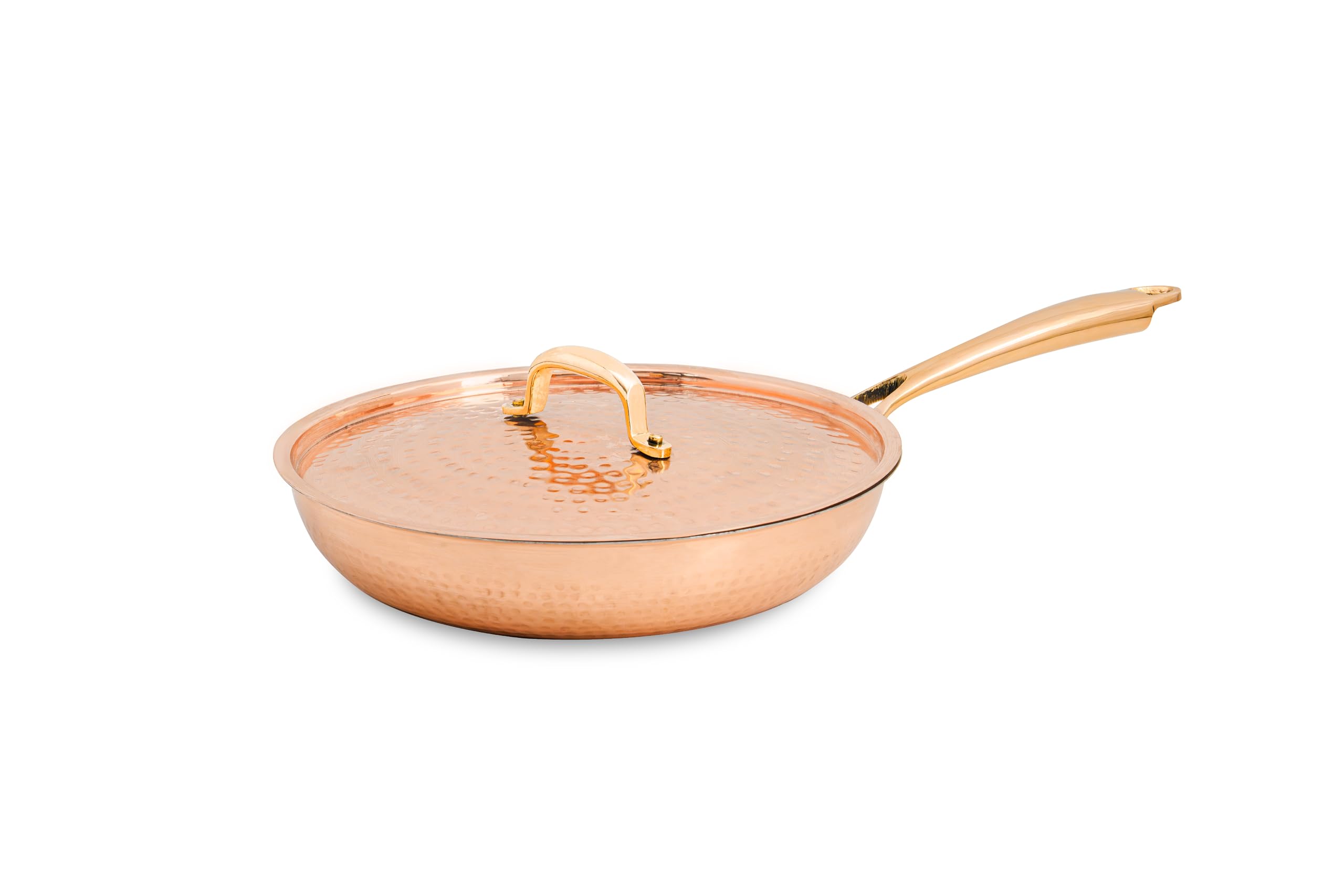 CRAFTSMEN Copper Frying Pan with Copper Lid | with Inside Tin Coating (Kalai) & Brass Handle | Volume 1.5L