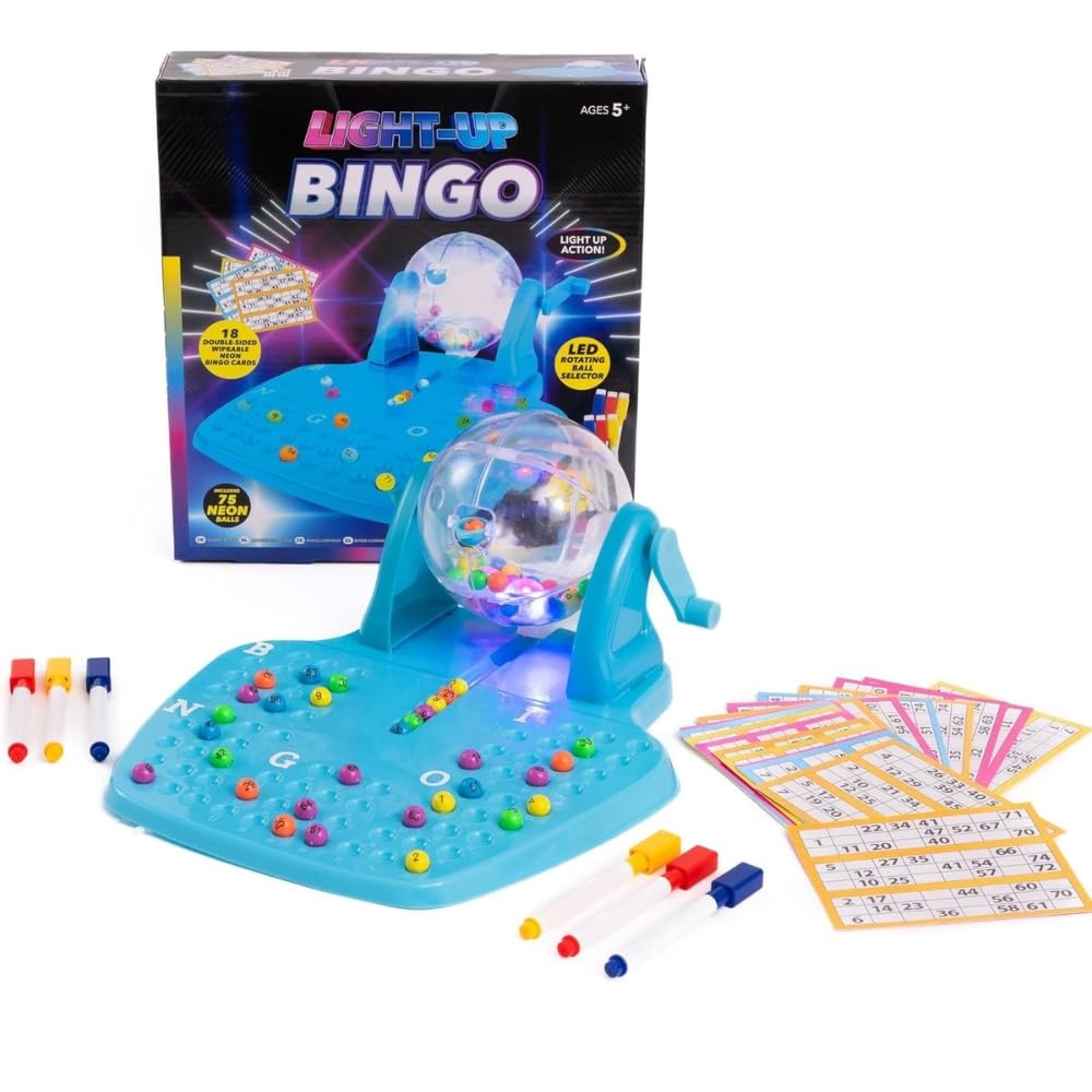 HTUK Light Up Bingo Game for Kids & Family – LED Rotating Bingo Ball Machine with 75 Balls, Cards & Markers – Interactive Indoor Bingo Set for Home, Parties & Gifts (Ages 5