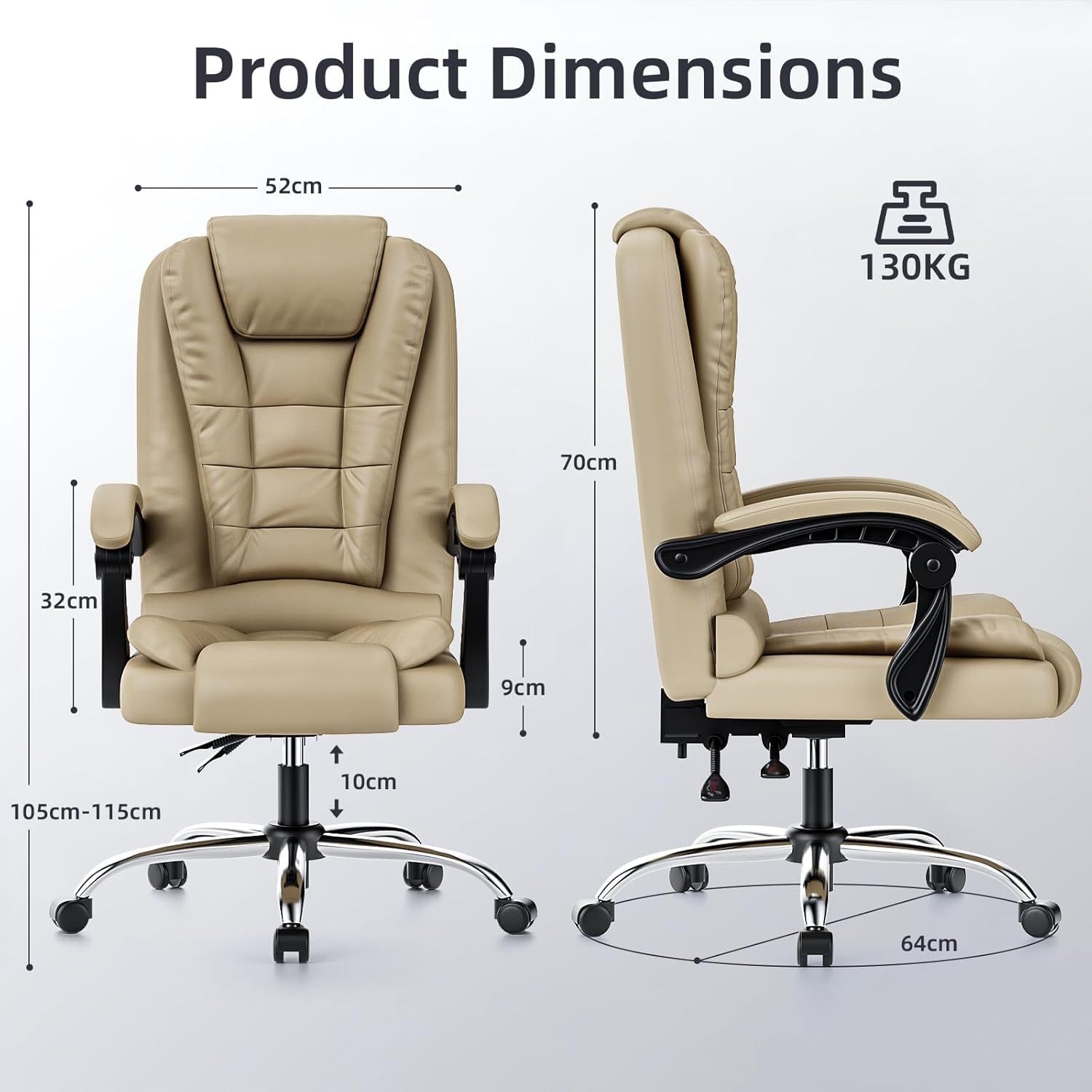 rattantree Bürostuhl Chefsessel Ergonomisch, PU-Leder Bürosessel Khaki | Chefsessel 150kg Hochlehner mit Federkern-Sitz, Höhenverstellbarer Drehstuhl mit Wippfunktion, Gepolsterte Armlehnen