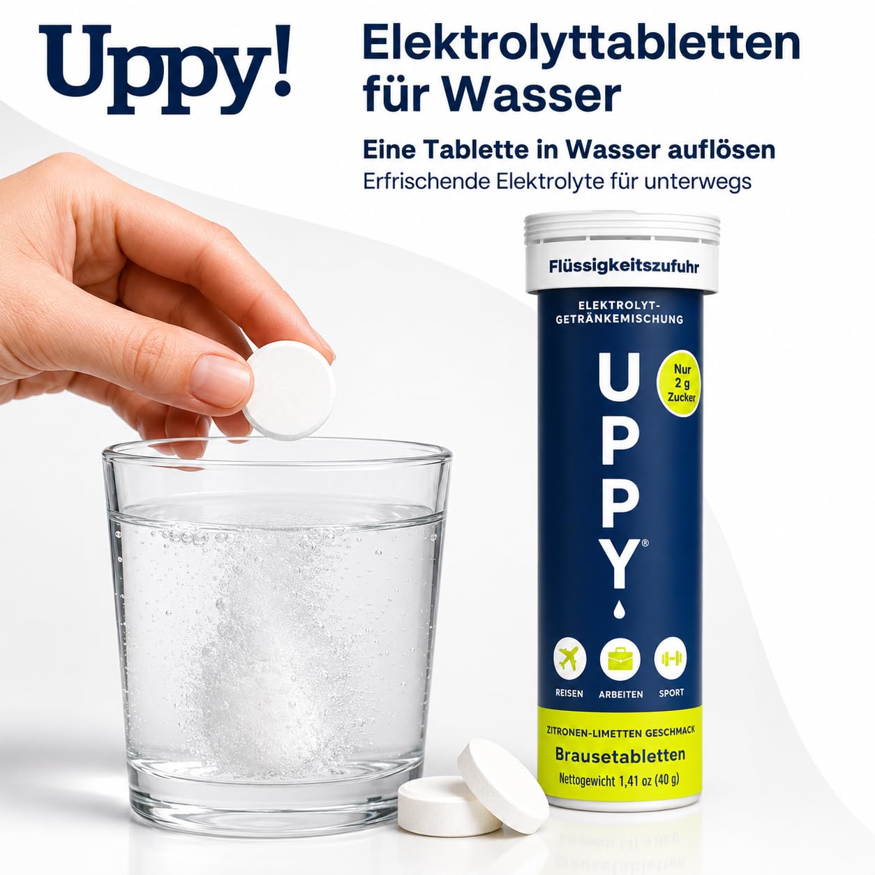 Uppy! Elektrolyte Brausetabletten Zitrone-Limette mit Ingwer, 120 Tabletten (12 x 10), löslich in Wasser, für Reisen & Sport