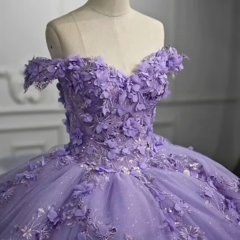Glitter Quinceanera Dresses Ball Gown Ruffles Off Shoulder 3D Flowers Applique Brithday Princess Party Dress4