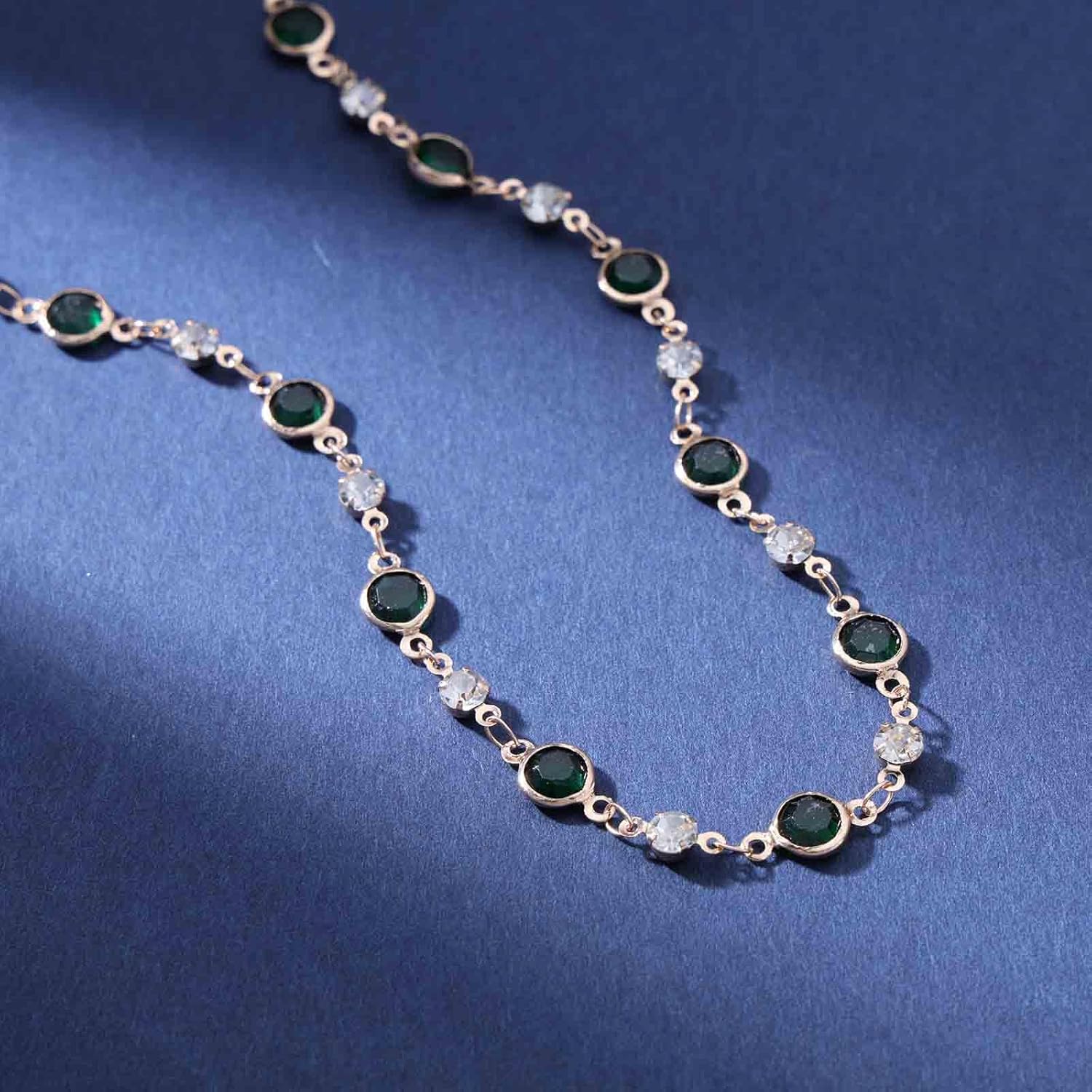 YienDoo Boho Green Crystal Choker Necklace Chain Gold Vintage Tiny Emerald Crystal Disc Choker Minimalist Green Rhinestone Bead Satellite Necklace Costume Jewelry for Women - Image 5