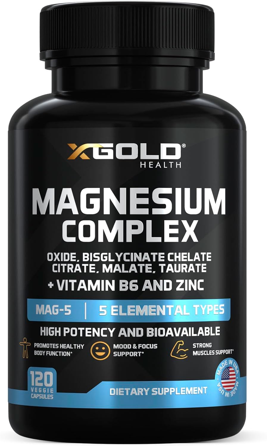 Magnesium Complex 5-in-1 with Zinc & B6 – High Absorption (Glycinate, Citrate, Malate, Taurate, Oxide) – Muscle Recovery, Energy, Sleep Support & Immune Health – Made in USA