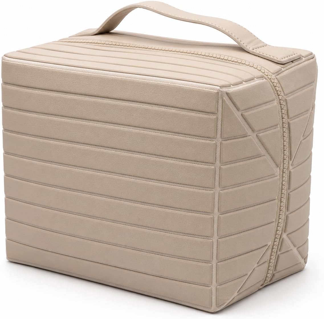 Parallel Traveler Makeup Bag for Women, Fold Down Large Capacity Makeup Organizer with Compartments, Foldable Lay Flat Waterproof Cosmetic Toiletry Bag for Brushes, Skincare and Travel, Apricot Beige