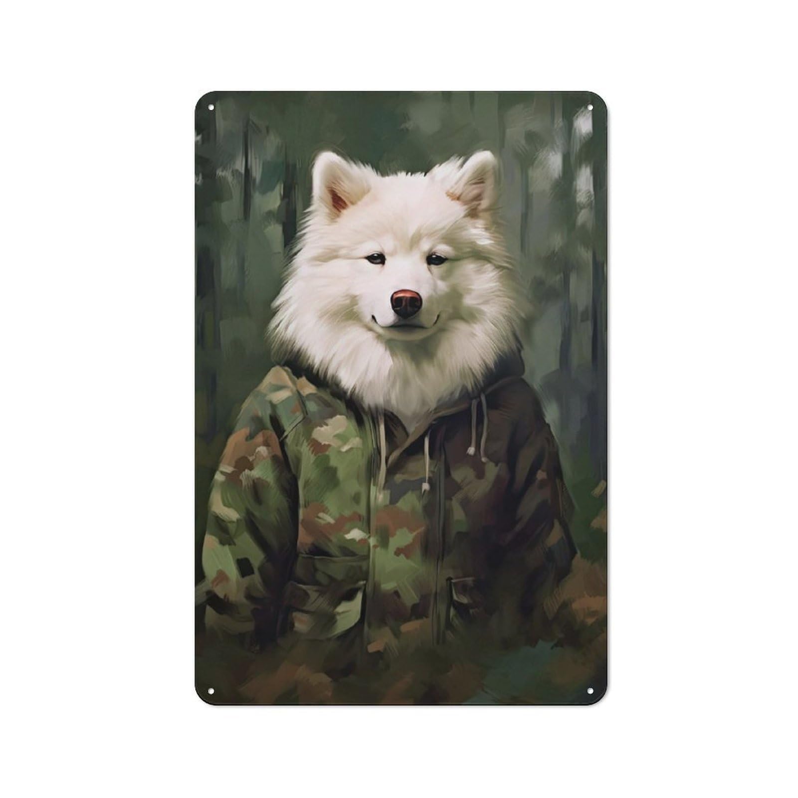 Junmoney Samoyed Camo Jacket Rustic Metal Wall Sign 30X20cm For Home Office Or Studio, For Garage, Workshop And Man Cave Decoration