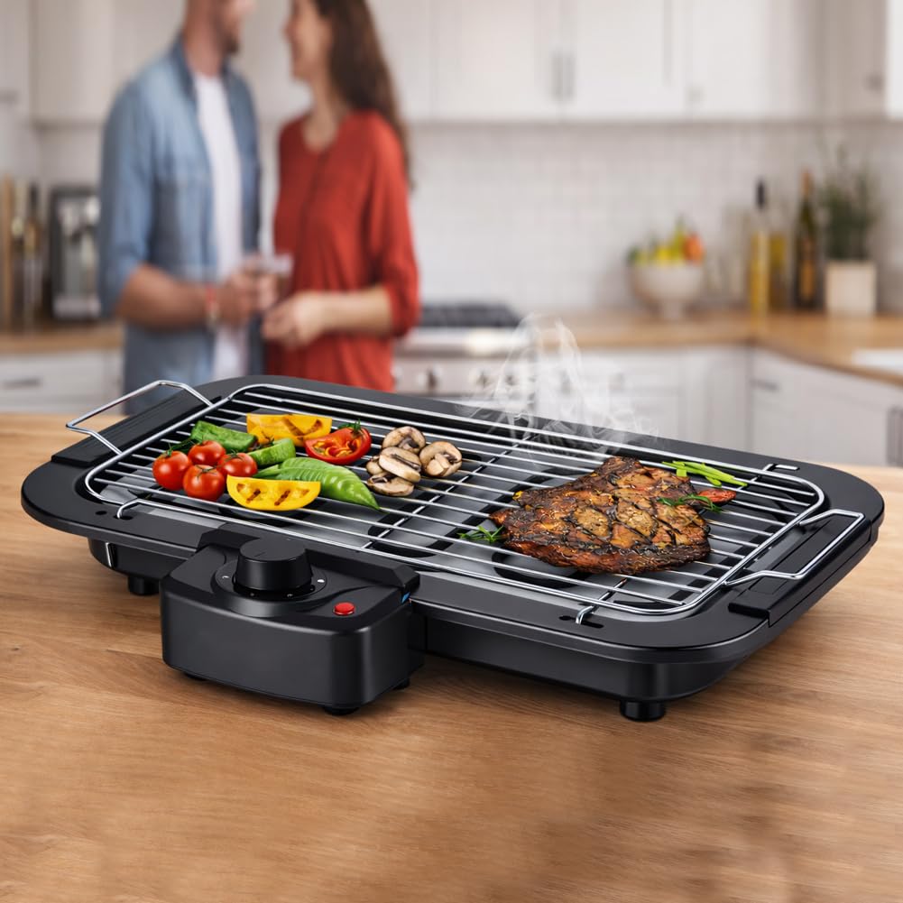 BAKAJI Barbecue Elettrico 2 in 1 2000W di Potenza, Grill da Tavolo e Stand Piedistallo, BBQ Facile da Usare con Manopola per Controllo della Temperatura e Griglia Removibile, Ideale Esterni ed Interni