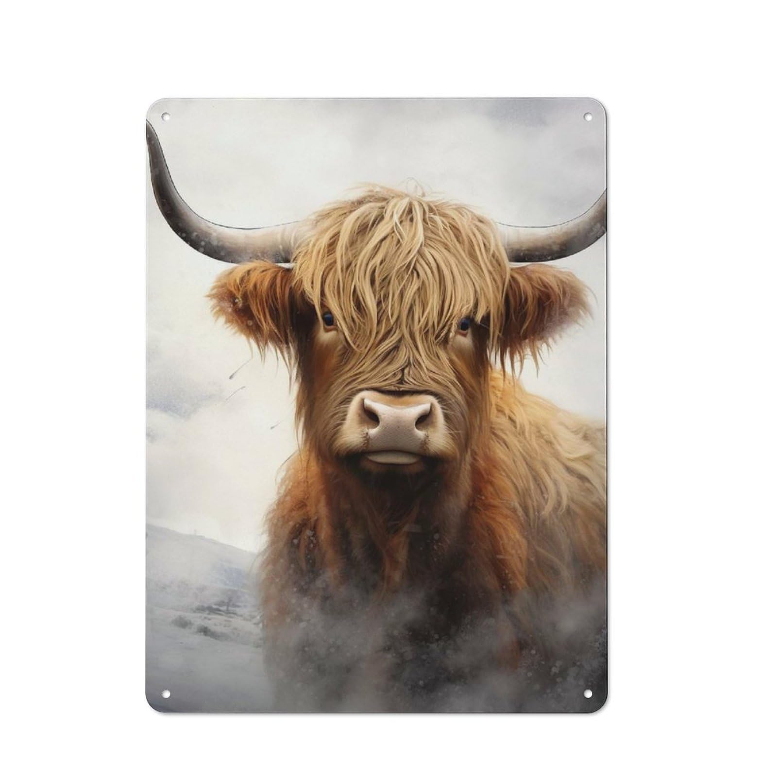 Highland Cow Fluffy Cow Understated Metal Wall Decor 40x30cm, Office Metal Sign for Office, Study, Studio Or Hallway