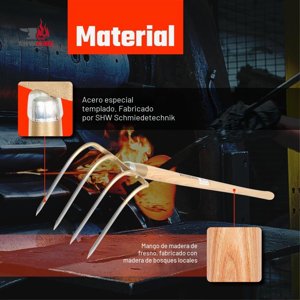 SHW-FIRE | Azada para patatas de 4 dientes forjada, mango ergonómico de madera de fresno de 135 cm, resistente y duradera, ideal para labranza del suelo, cosecha de patatas y recogida de heno |