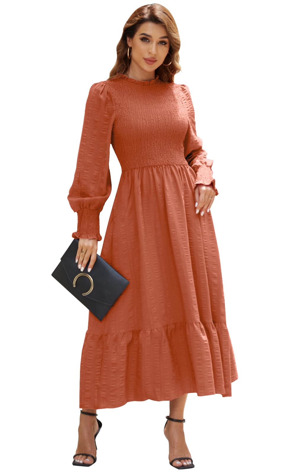 FerrendoWomen's Fall Casual Long Sleeve Midi Dress Crew Neck Smocked Tiered Boho Flowy Long Dresses with Pockets