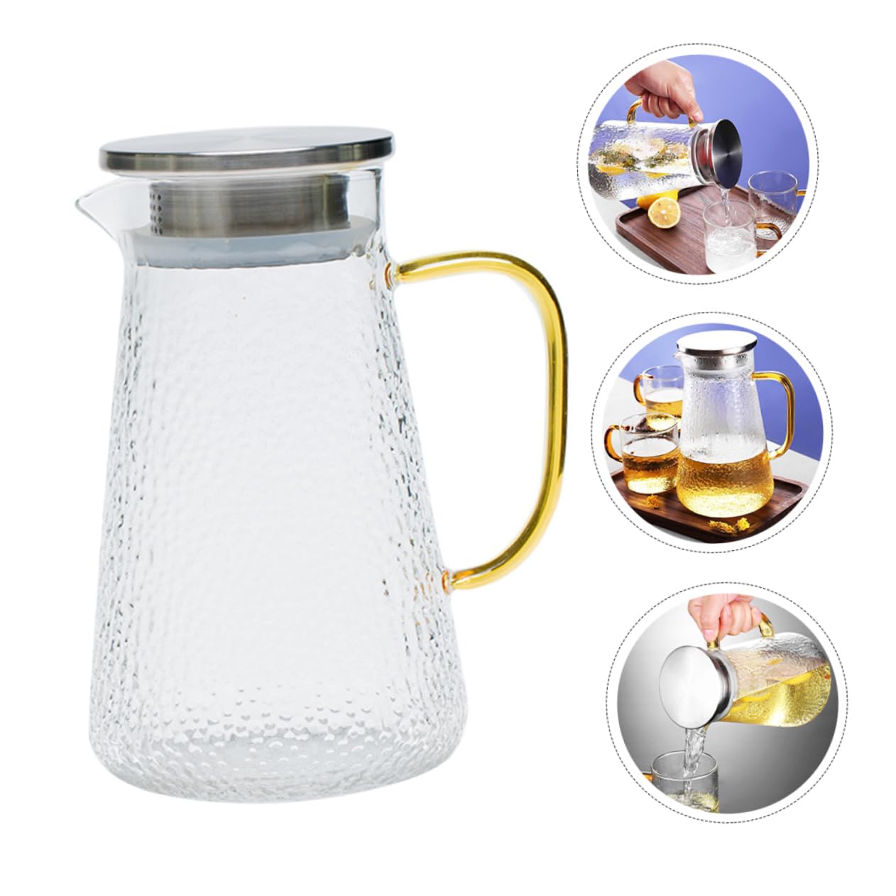 Jarra de Vidrio Delicada Multifuncional y Fácil de Almacenar Tapa de Acero Inoxidable de 1300ml Resistente para Agua Fría y Cerveza Adecuado para Picnics y Fiestas