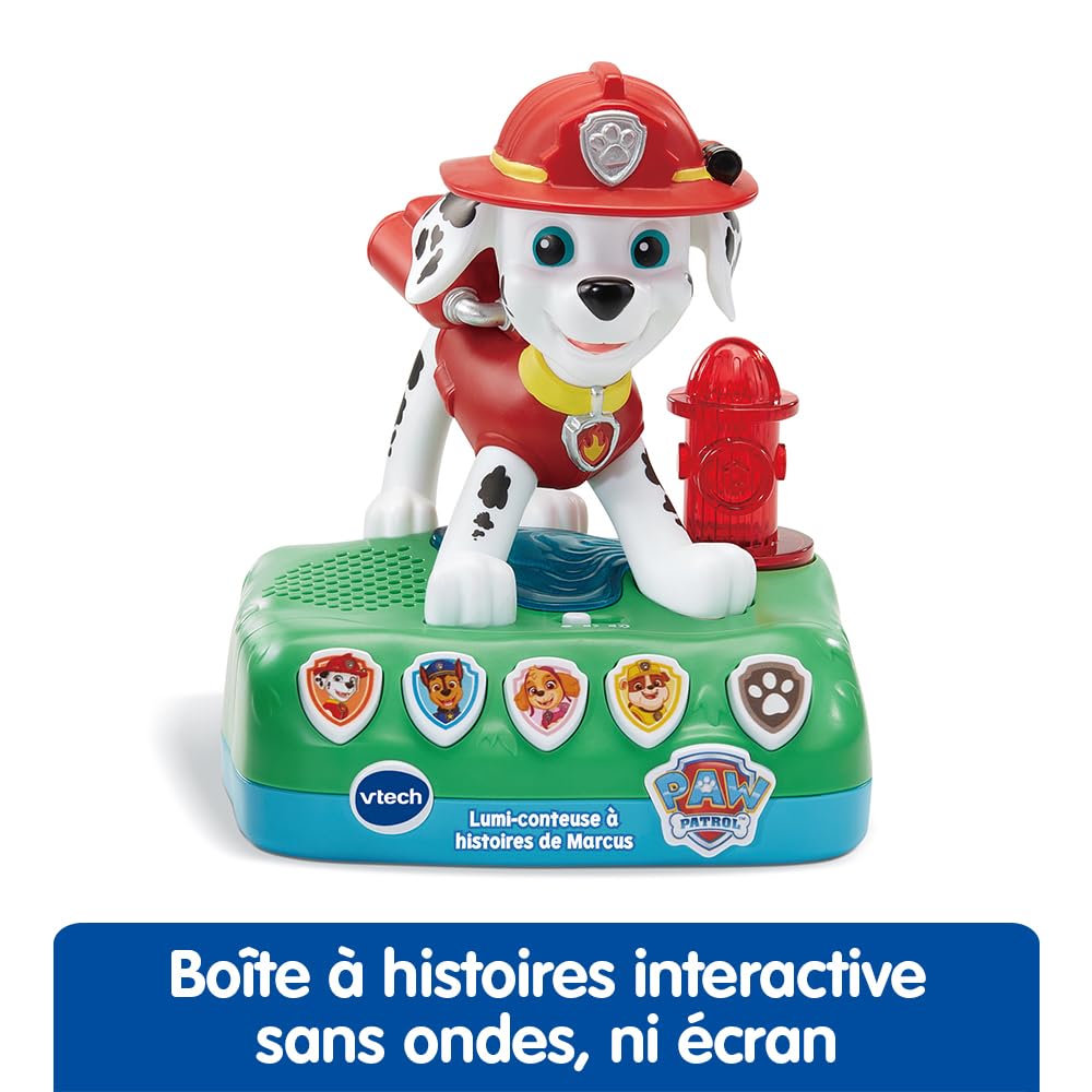 VTech - Pat' Patrouille, Lumi-Conteuse à Histoires de Marcus, Boîte à Histoires Veilleuse, Jouet Interactif et Musical Paw Patrol avec 4 Jeux, Cadeau Enfant de 3 Ans à 7 Ans - Contenu en Français