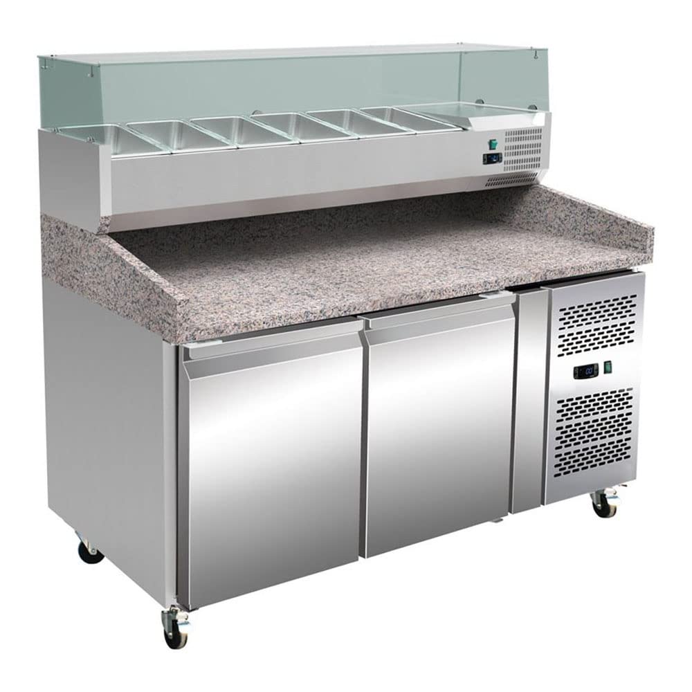 Stalwart DA-PZ26plusPT26 Pizza Prep Counter, 2 Doors, Granite top, Refrigerated Counter top Display, 6xGN1/3, 800mm Depth