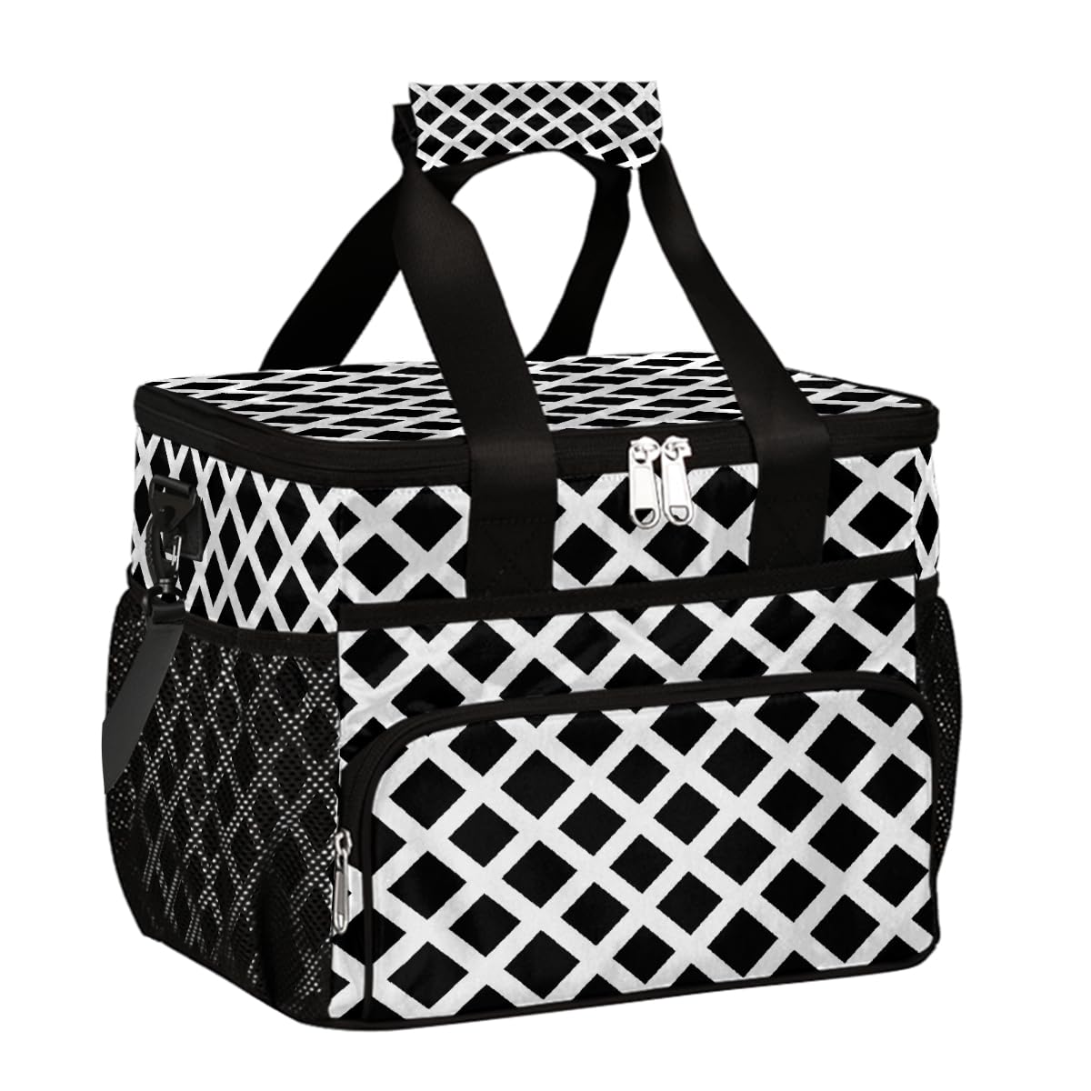 Grande borsa termica da campeggio per picnic, griglia a scacchi bianca e nera, stampa geometrica, pieghevole, portatile, da viaggio, borsa per il pranzo e contenitore per il pranzo, per uomini e donne