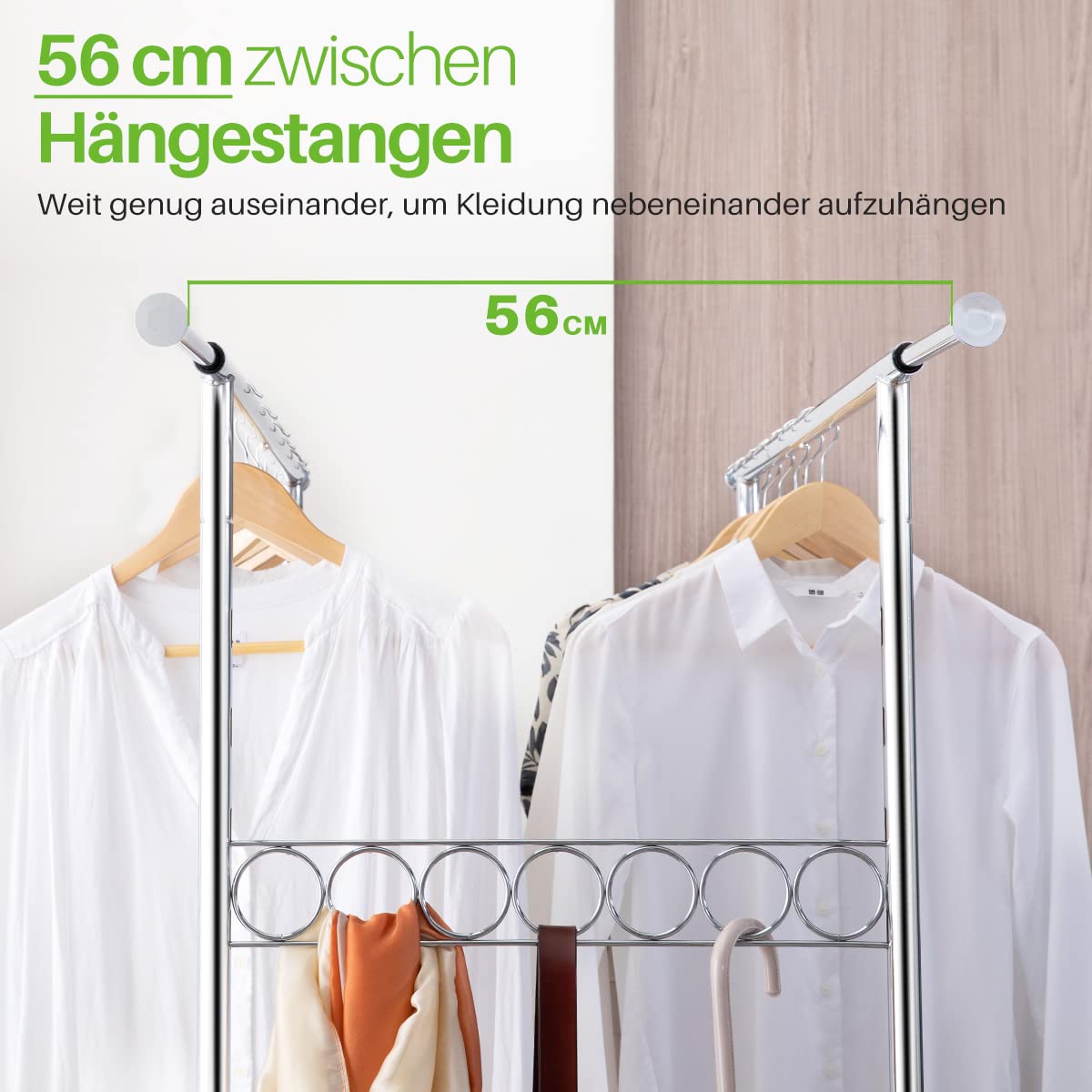 HOKEEPER Profi Doppelter Kleiderständer, bis 272 kg belastbar, Schwerlast Kleiderstange auf rollen, Industrie-Design, Garderobenständer mit 2 Kleiderstangen und Ablage