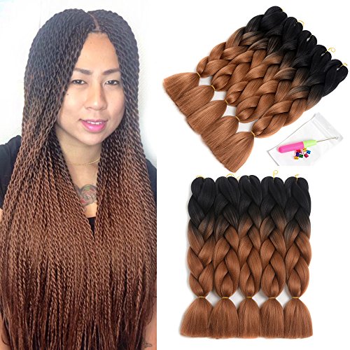 5 Pieces Dalin Ombre Synthetic Braiding Hair Extensions Kanekalon Hair Braiding Hair Crochet Braids Synthetic Hair Extensions 100G/Pc 24 Inch (Black/Dark Brown)
