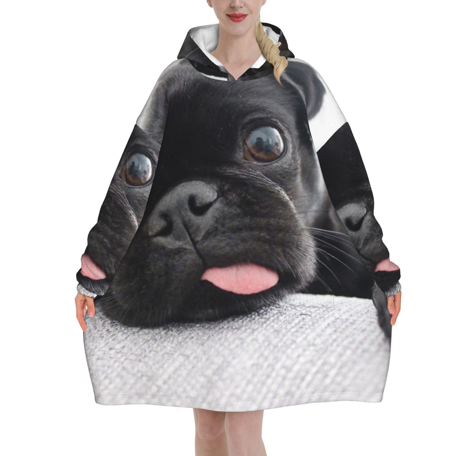 Poadnly Unisex As Picture Funny Pug Black,Women's Oversized Wearable Blanket Hoodie, Blanket Sweatshirt,Flannel Pullover Blanket