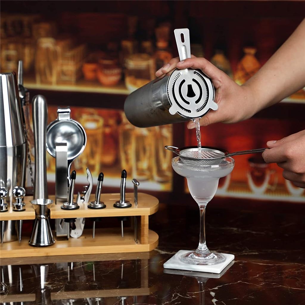Juego de coctelera Boston con Marco de Madera de 26 Piezas, coctelera de Acero Inoxidable, Juego Completo de Herramientas de coctelería