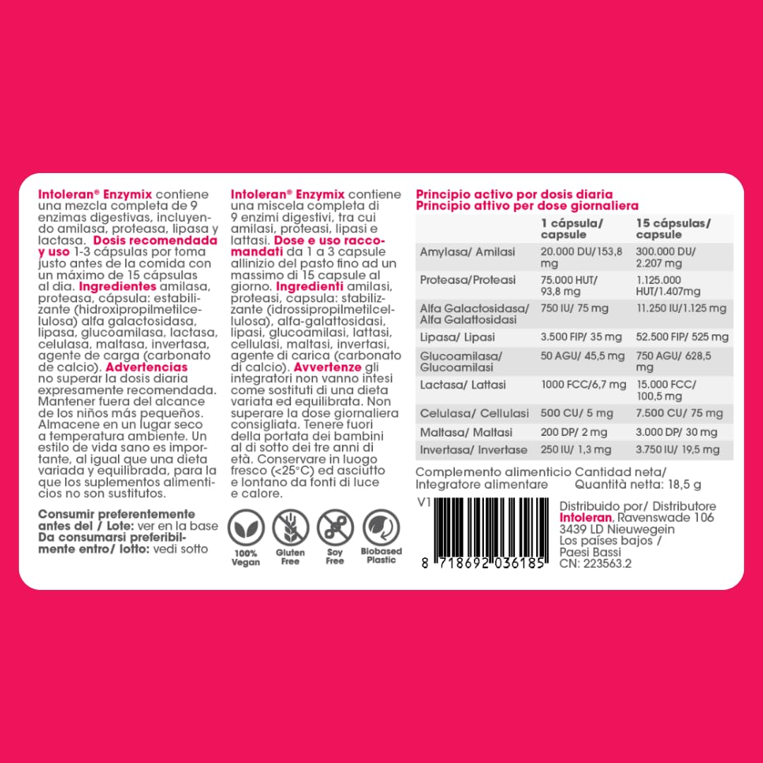 Intoleran Enzymix Enzimas digestivas – 36 cápsulas | Favorece la digestión de grasas, proteínas, carbohidratos y lactosa | Puro, vegano y sin gluten