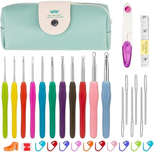 Juego de ganchos de ganchillo coloridos ergonómicos de goma suave agarre cómodo ganchos de ganchillo herramienta doméstica con bolsa portátil (verde)