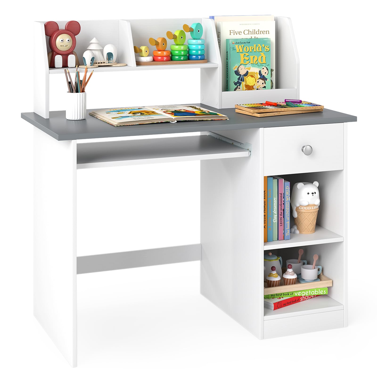 COSTWAY Kids Study Desk, Wooden Children Table with Drawer, Shelves, Hutch, Keyboard Tray, School Students Workstation for Studying, Reading and Drawing (White+Grey)