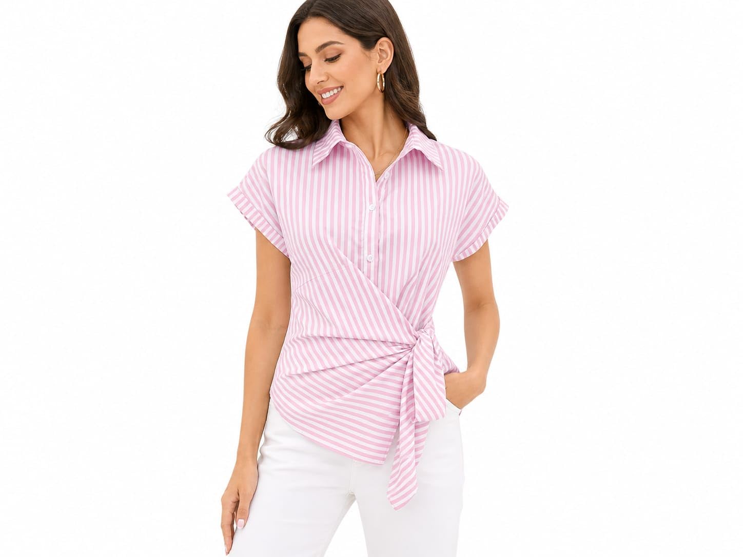 bhoo Women's Striped Wrap Style Cotton Shirt, Drop Shoulder, Casual Regular Fit Top and Summer Fashion-picture-40