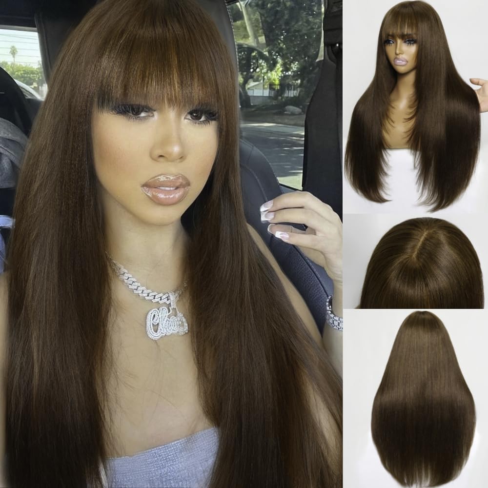 HD Transparent 13X4 Lace Front Bangs Wig Chocolate Brown Colored Straight Wig With Baby Hair Glueless Pre Plucked 100% Virgin Human Hair Brazilian Remy 150% Density for Black Woman 14 Inch