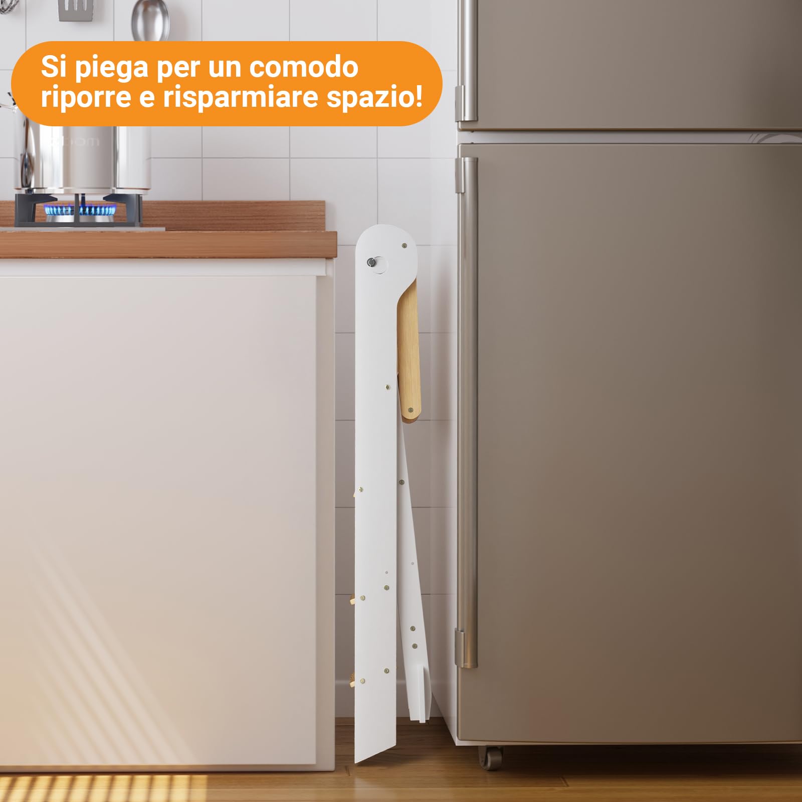 COSYLAND Torre Montessoriana Pieghevole per Bambini – Torre Montessoriana Bambini Regolabile in Altezza, Premontata al 95%, Design Salvaspazio, Ideale per Cucina o Bagno (Bianco e Naturale)