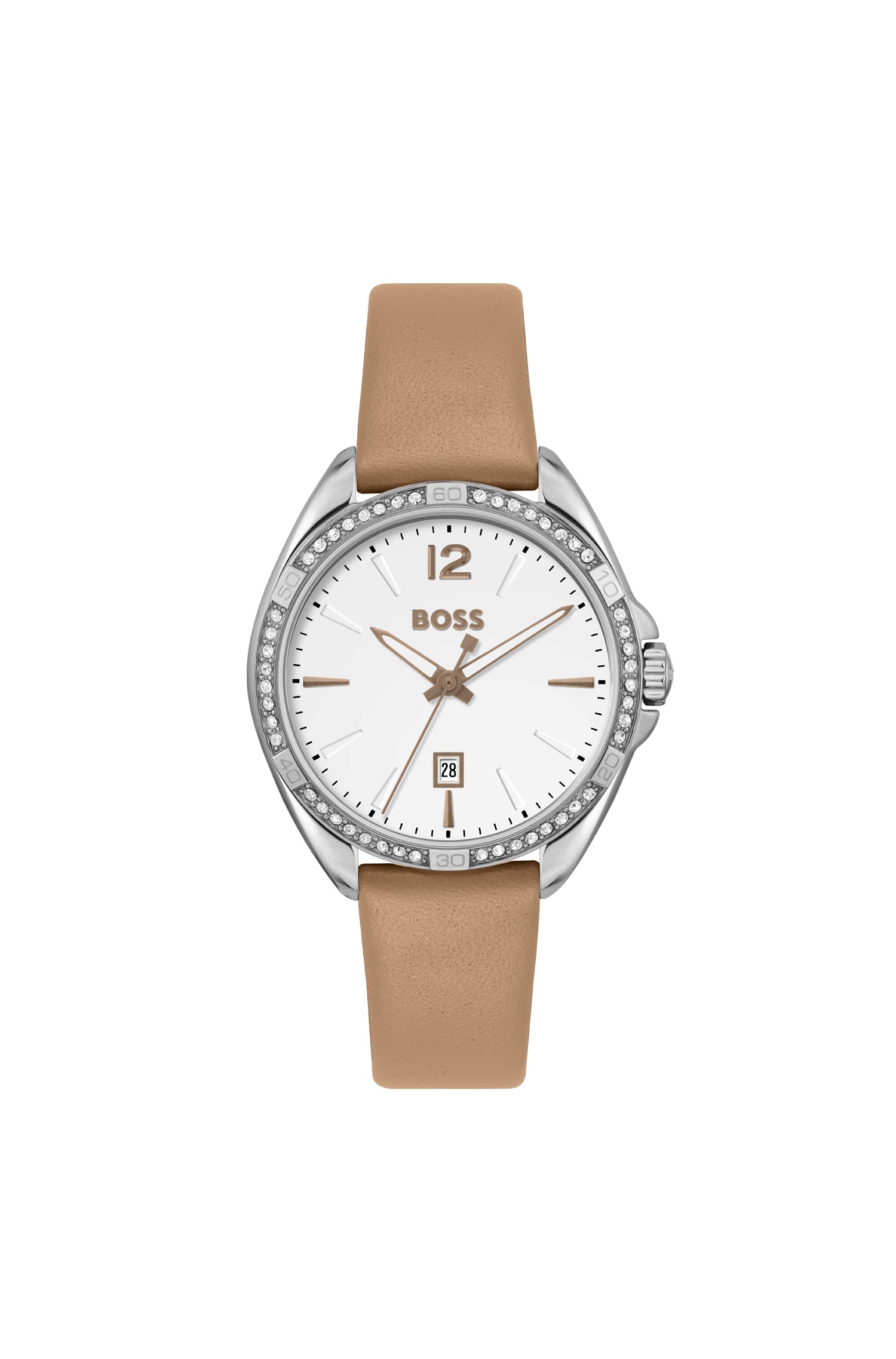 BOSS Felina Qtz Basic Calendar White Round Dial Womens Watch|Brown Leather Material|Brown Color Band - 1502644 (B09RRNBNHJ) Amazon Price History, Amazon Price Tracker
