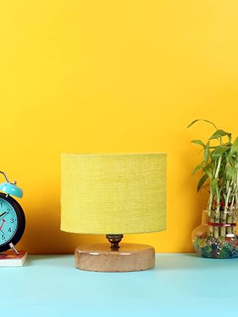 Devansh Yellow Jute Shade Lamp with Natural Wood Base for Decoration/Office/Home/Gifting/Study for Office/Home/Gifting -(7x7x7) Inches -
