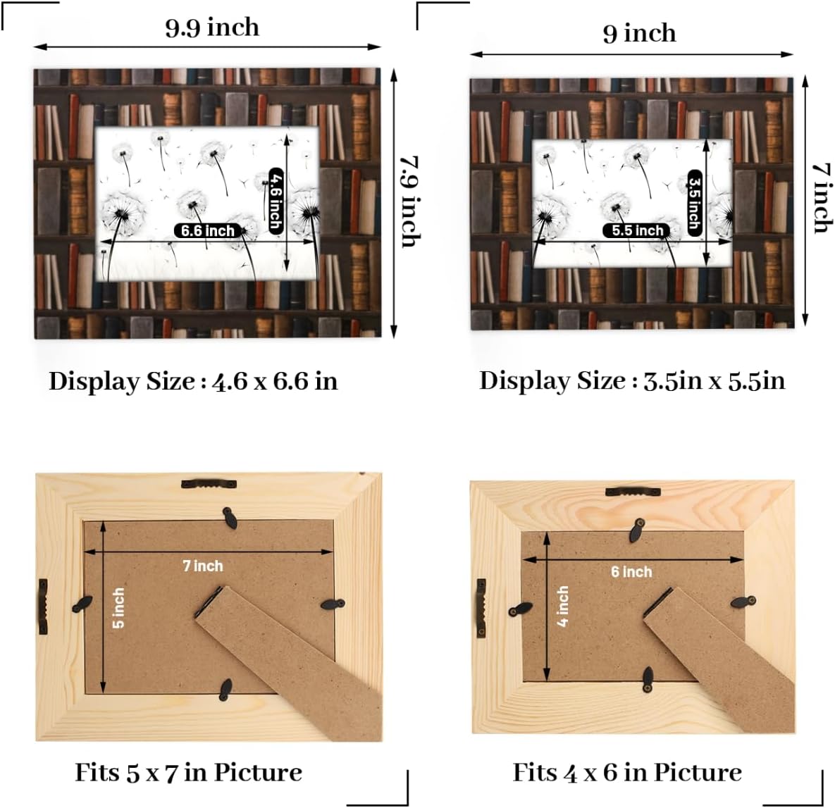 5x7 Library Bookshelf Picture Frame, Wood Photo Picture Frame, Display Pictures Wall Mounting or Table Top Display, Old Books
