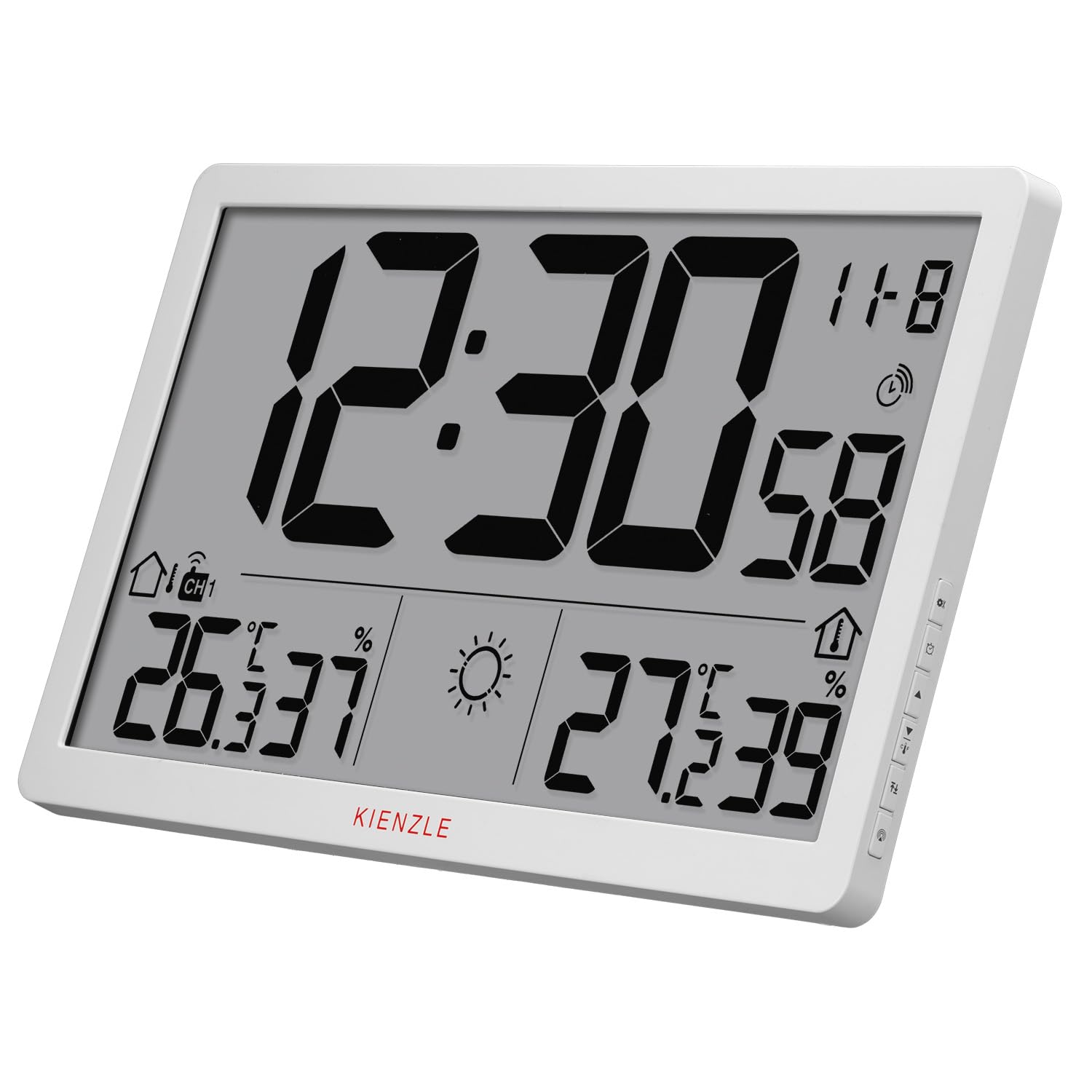 Kienzle Jumbo NEO LCD Wetter Wanduhr weiß mit XXL Display Außensensor | Innen und Außentemperatur, Luftfeuchtigkeit, Wettervorhersage, Luftdruck, DCF Zeit, Wecker, Max Min Speicher, 80 m
