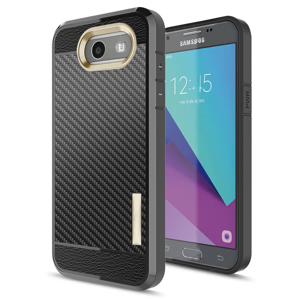 UniSpg Phone Case for Samsung Galaxy J3 Luna Pro/J3 Prime/J 3 2017/J3 Emerge/3J Eclipse Mission with Glass Screen Protector Shockproof Slim Design Soft TPU Armor Protective Cover -Gold