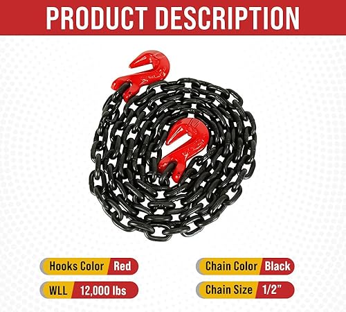 Miniatura 3 de Mytee Products Paquete de 2 cadenas de transporte G80 negras de 12 pulgada x 20 pies con ganchos de agarre de horquilla, límite de carga de trabajo