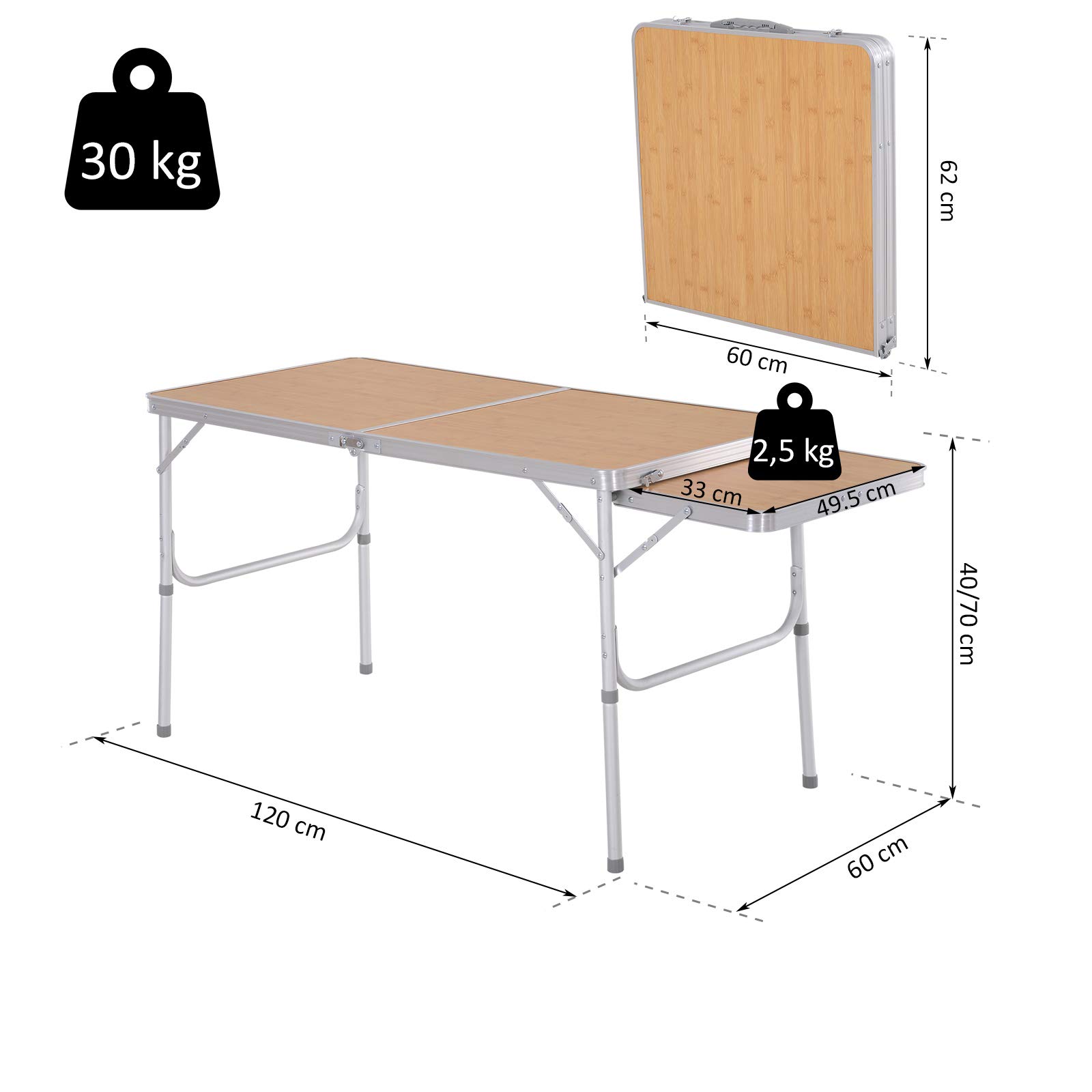 Outsunny Mesa Plegable de Camping Portátil con ala Abatible Mesa de Picnic de Encimera MDF Estructura Ligera de Aluminio Carga 30kg Altura Ajustable 153x60x39/71 cm