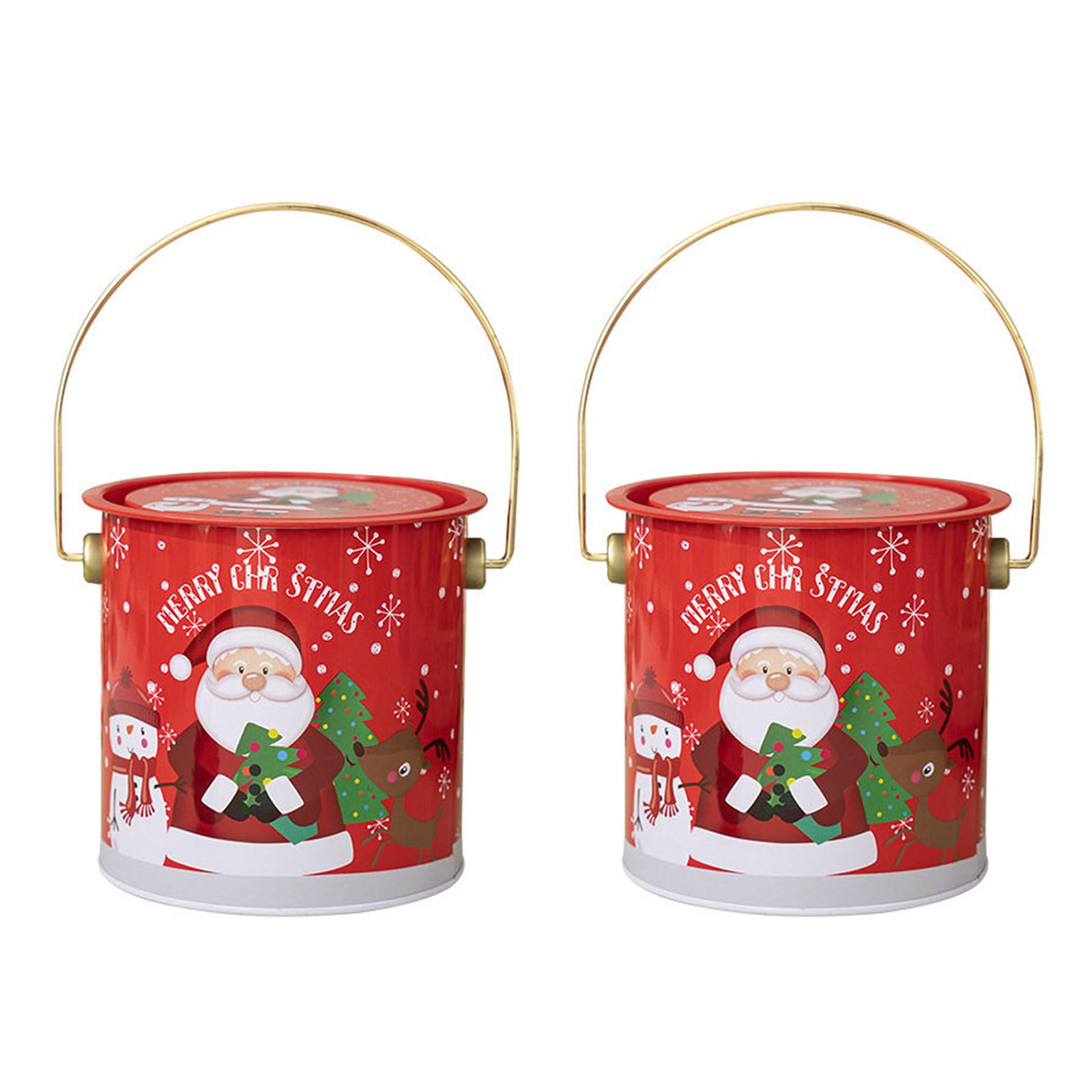 Hsioluted Of 2 Christmas Candy Boxes with Carry Handle Handheld Round Bucket Cookie Packaging Box Sweets Storage Container Portable Storage Bucket