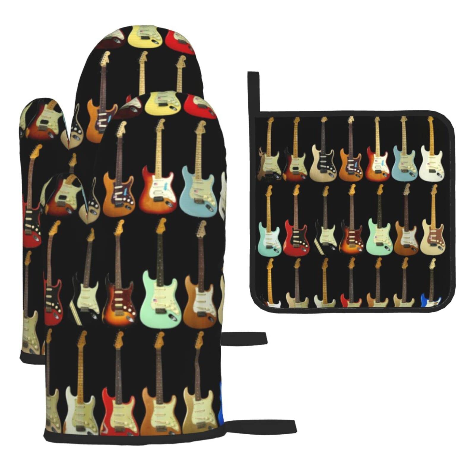 Art Guitar Pattern Oven Mitts and Pot Holder Kitchen Set for Grilling, Cooking, Baking, Heat Resistant