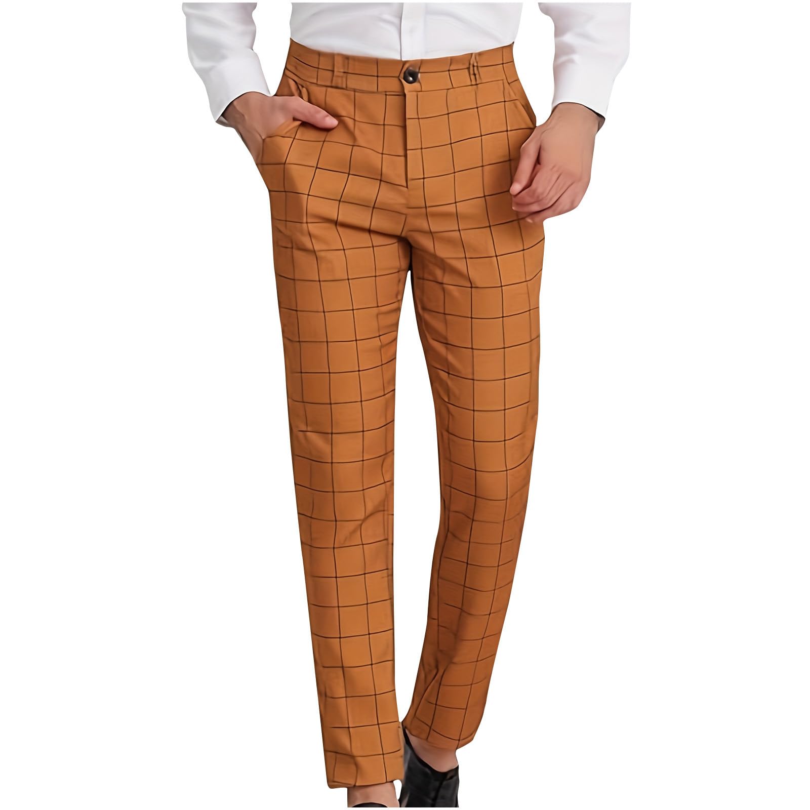 Men Plaid Dress Pants Slim Fit Flat Front Elastic Waistband Suit Trouser Wrinkle Free Chino Pants for Office