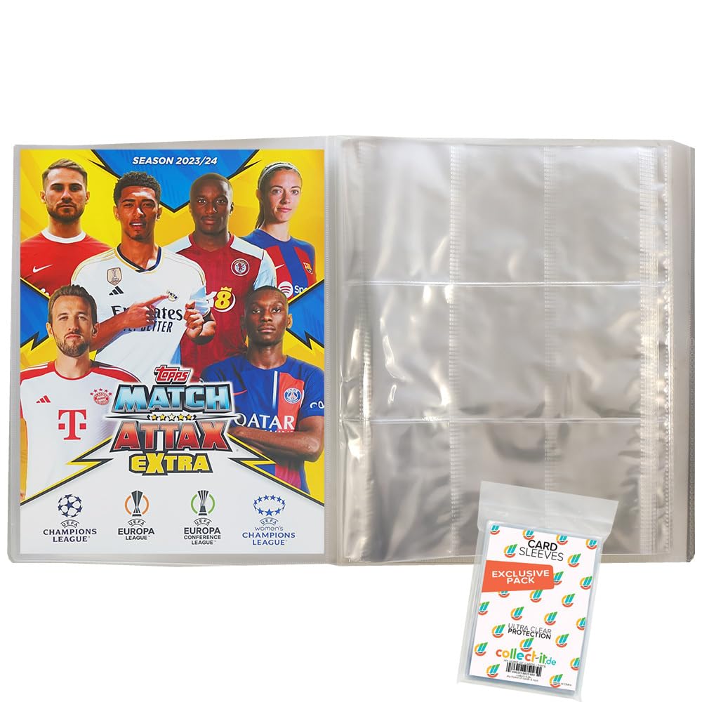 Bundle mit Match Attax Champions League 2023/24 EXTRA - Trading Cards - 1 Leere Sammelmappe + Exklusive Collect-it Hüllen