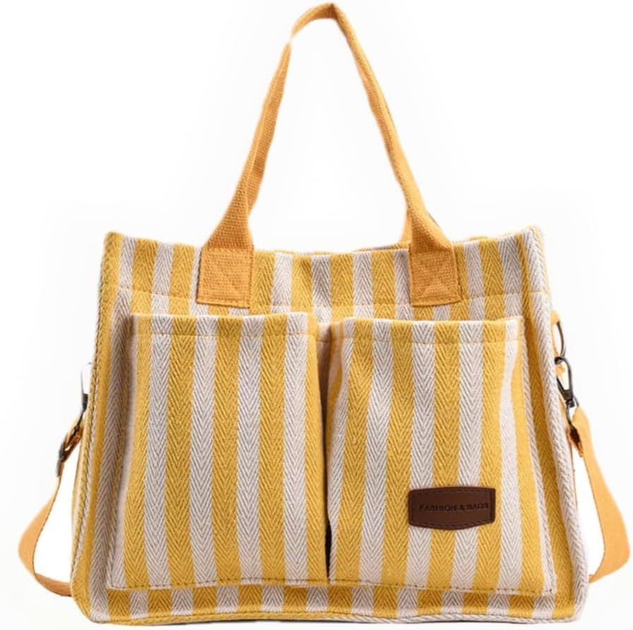 Canvas Tote Bag with Multi Pockets Women Stripe Crossbody Tote Bag Casual Purse Handbag Shoulder Bag for Work College Travel