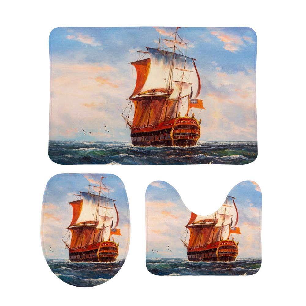 Tapis de bain en U voilier Ruchen lot de 3 pour décoration de salle de bain maritime