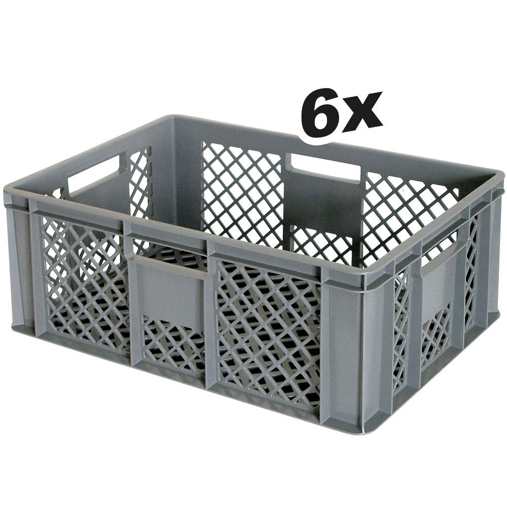 6 x pojemnik euro/kosz do układania w stos, jakość przemysłowa, nadaje się do kontaktu z żywnością, 600 x 400 x 240 mm, szary