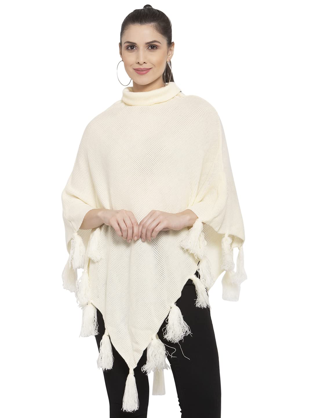 Style Quotient Women Cream Poncho with Fringed Detail-image-19