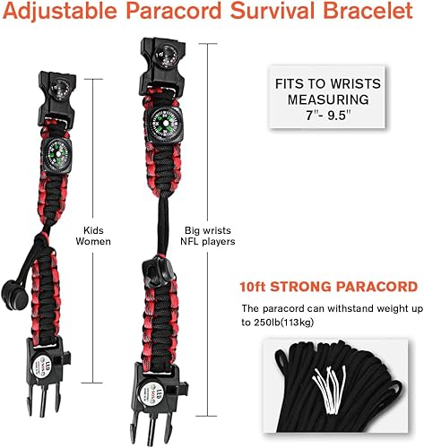 Miniatura 4 de Kit de equipo ajustable de pulsera de paracaídas de supervivencia 20 en 1 con luz LED SOS, iniciador de fuego, brújula más grande, silbato de