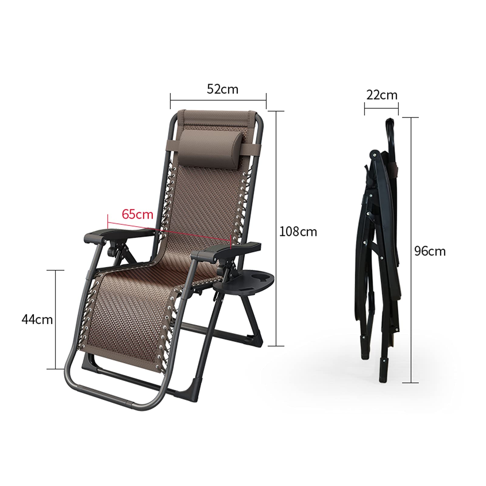Fauteuil inclinable zéro gravité avec assise rembourrée, angle d'inclinaison réglable, fonction de verrouillage, porte-gobelet latéral et coussin, fauteuil inclinable pliable pour patio, sup