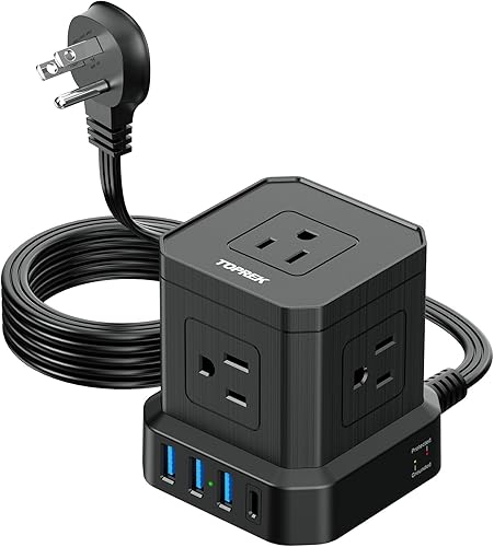 TOPREK Power Strip with USB, USB C (3.0A) Power Strip with 5 Outlets, 1 USB-C & 3 USB-A, 5 FT Flat Extension Cord with Ultra Thin Flat Plug, Surge Protector Compact for Home Office, Dorm, Hotel Travel