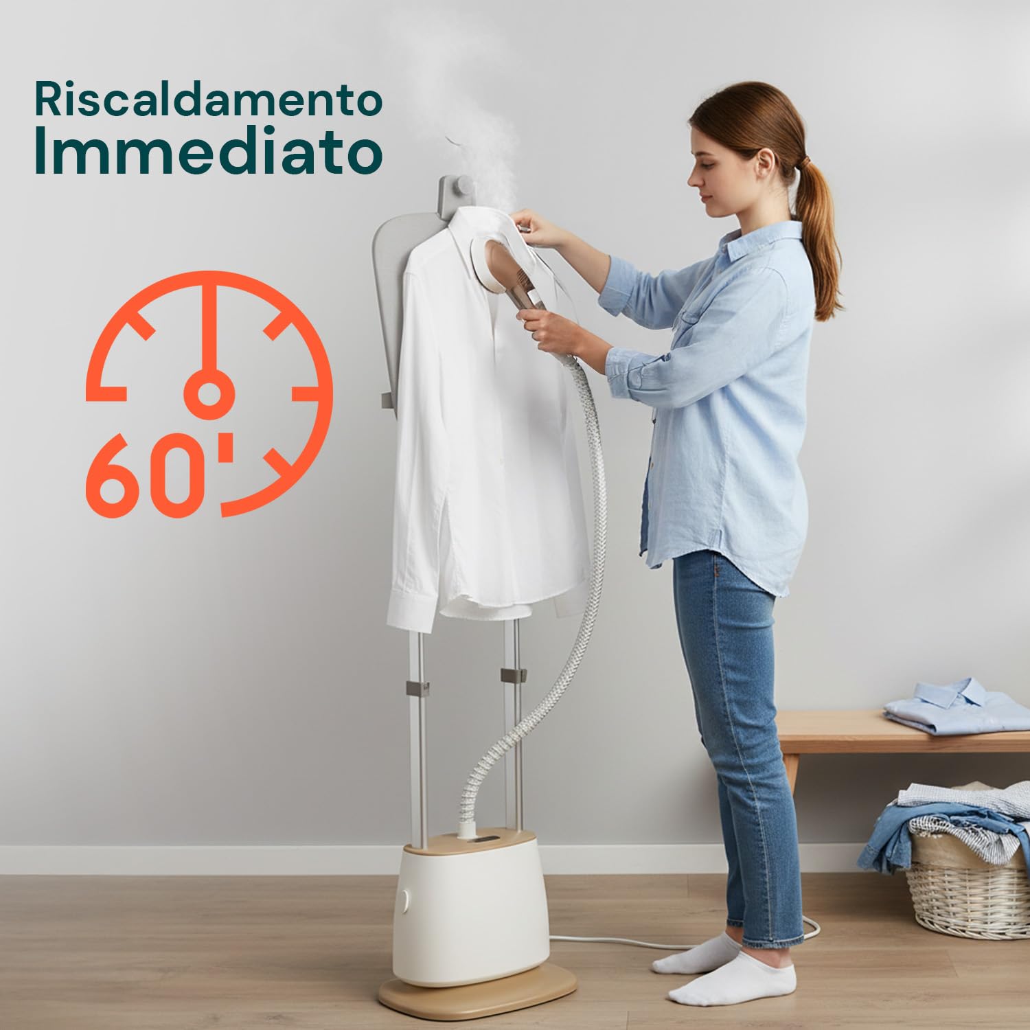 Wintem - Ferro da Stiro a Vapore Verticale Professionale 5 Livelli con Guanto Termico e Spazzola Tessuti, Riscaldamento Rapido in 60 Secondi, Serbatoio 1500 ml per Stiro Verticale Continuo e Preciso