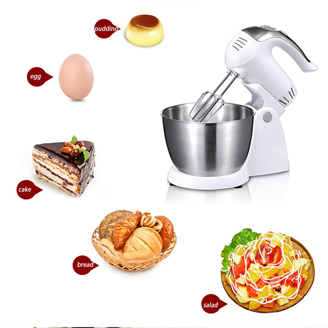Batidora De Pie para Hornear, Batidora De Pie Eléctrica para Hornear, Batidora De Masa con Recipiente De 3 litros, Gancho para Masa, Batidor, Patas Antideslizantes, 5 Velocidades White